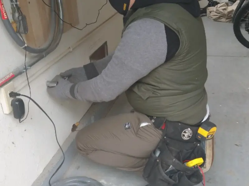 Electrician performing outlet wiring in a Catonsville garage